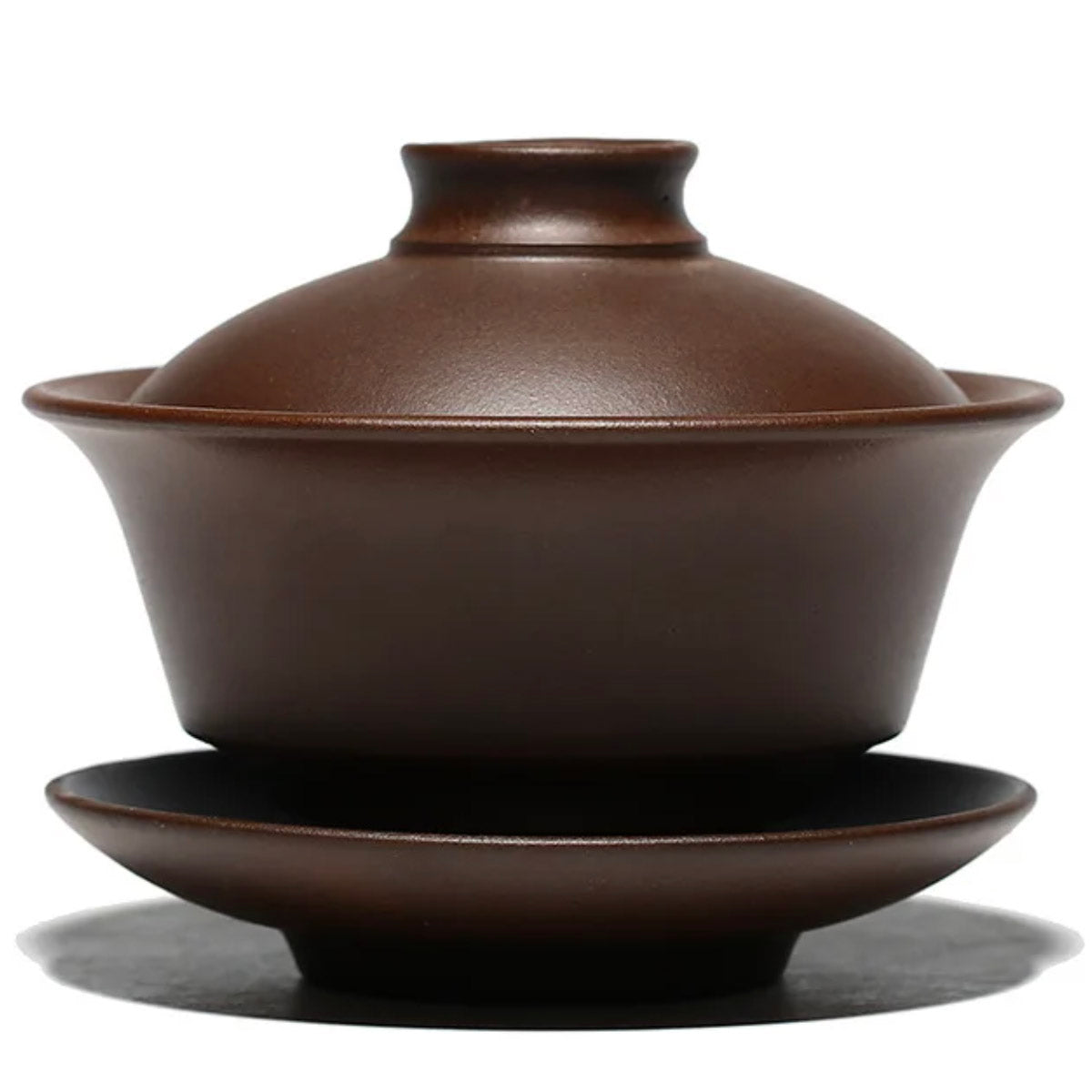 Brown ceramic teapot with lid on a white background